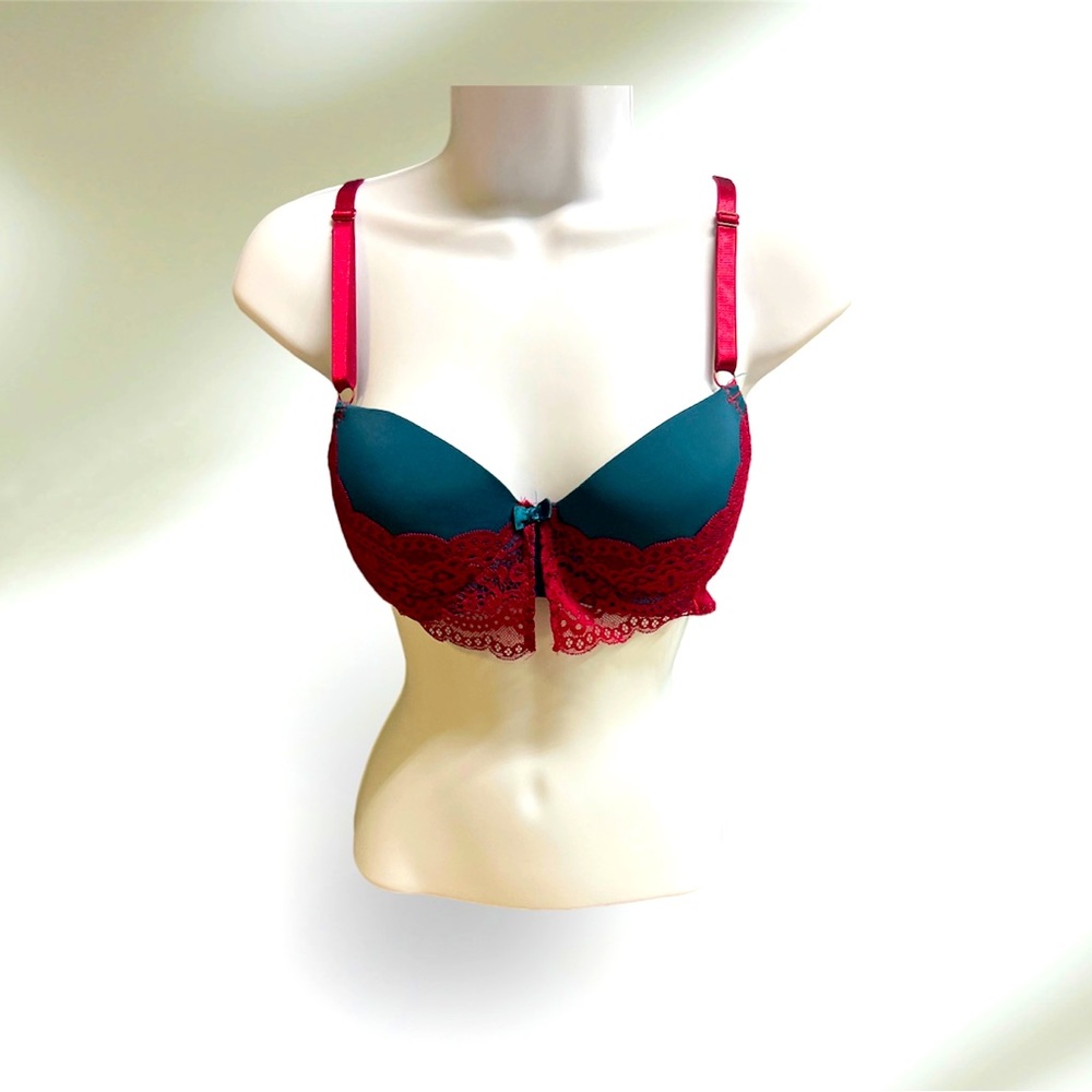 Turquoise bra with magenta lace